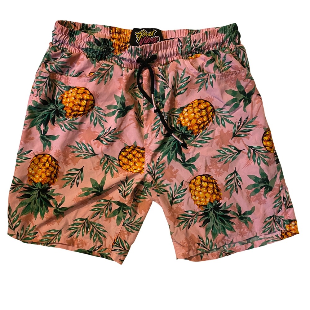 Good Vibes Pineapple Tropical Swim Trunks Shorts Men's Large Pink Beach Vacation